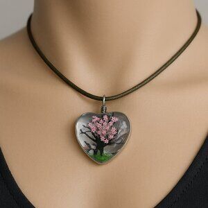 Heart-Shaped Silver Pendant w/ Pink Floral Design 18" Green Cord Fashion Jewelry